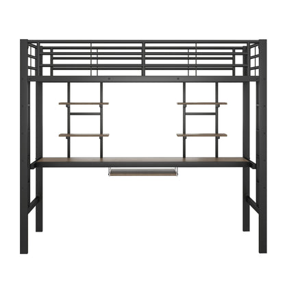 Bedframe – Metalen Bed – IJzeren Bed – Hoogslaper – Eenpersoonsbed – Inclusief Bureau En Boekenplanken – Robuust Stalen Frame – Afmeting 90x200 cm – Zwart