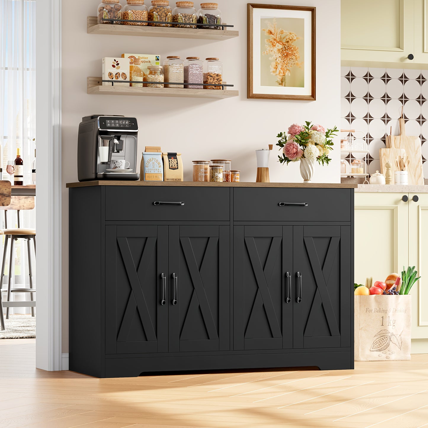Dressoir – Sideboard – Opbergkast – Ladekast – Kast – Modern Zwart-Wit – 120 cm Breed – Houtvezelplaat – 3,2+ Kubieke Voet Opbergruimte – Vrijstaand – Makkelijk Zelf Te Monteren
