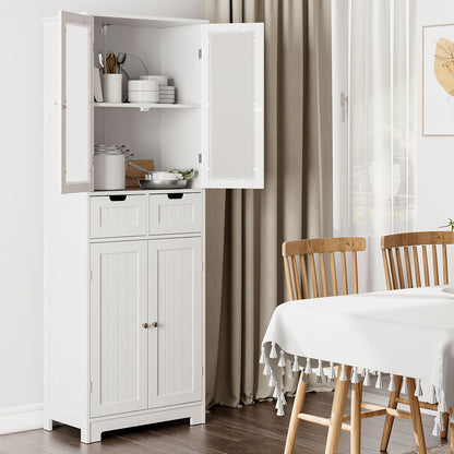 Kealive Modern Tall White Storage Cabinet with 4 Doors & 2 Drawers (Removable) - -Standing MDF/Fiberboard Bookcase Suitable, Bathroom, Living Room - Easy Assembly, Space-Saving Vertical Design