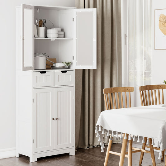 Kealive Modern Tall White Storage Cabinet with 4 Doors & 2 Drawers (Removable) - -Standing MDF/Fiberboard Bookcase Suitable, Bathroom, Living Room - Easy Assembly, Space-Saving Vertical Design