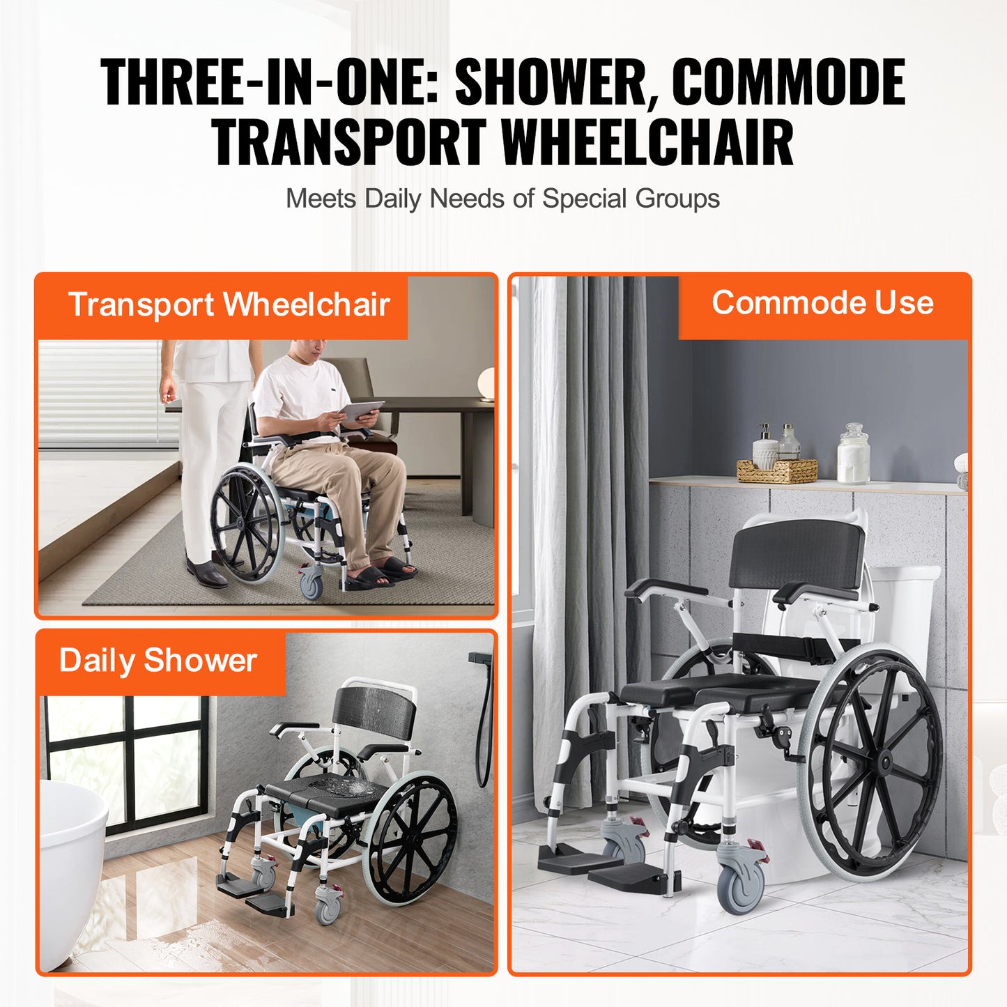 Douche-rolstoel – Badkamerrolstoel – Commode-rolstoel – Mobiliteitsstoel – Douchestoel – Lichtgewicht Aluminium – Verstelbare Armleuningen en Voetensteunen