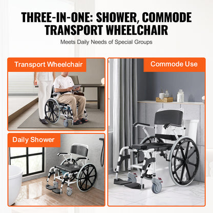 Douche-rolstoel – Badkamerrolstoel – Commode-rolstoel – Mobiliteitsstoel – Douchestoel – Lichtgewicht Aluminium – Verstelbare Armleuningen en Voetensteunen