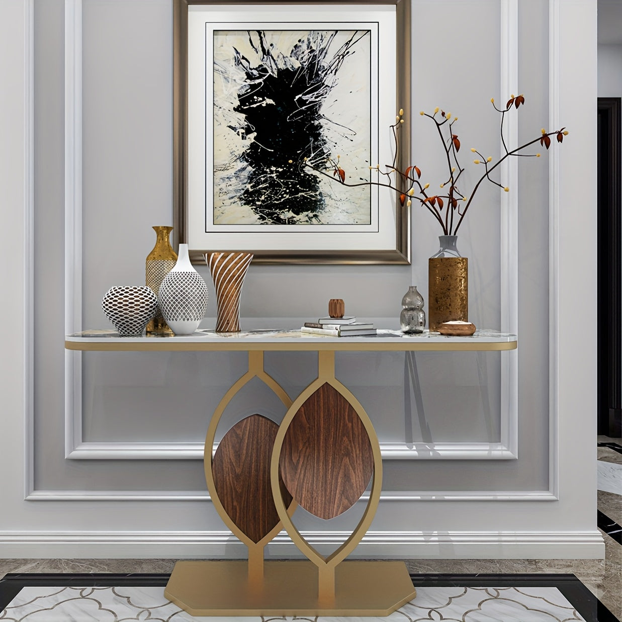 Sidetable – Consoletafel – Haltafel – Wandtafel – Entree Meubel – Luxe Sintered Stone Blad – Kras- en Hittebestendig – Gouden Zelfstabiliserend Metaalframe – Draagvermogen 99,79 kg