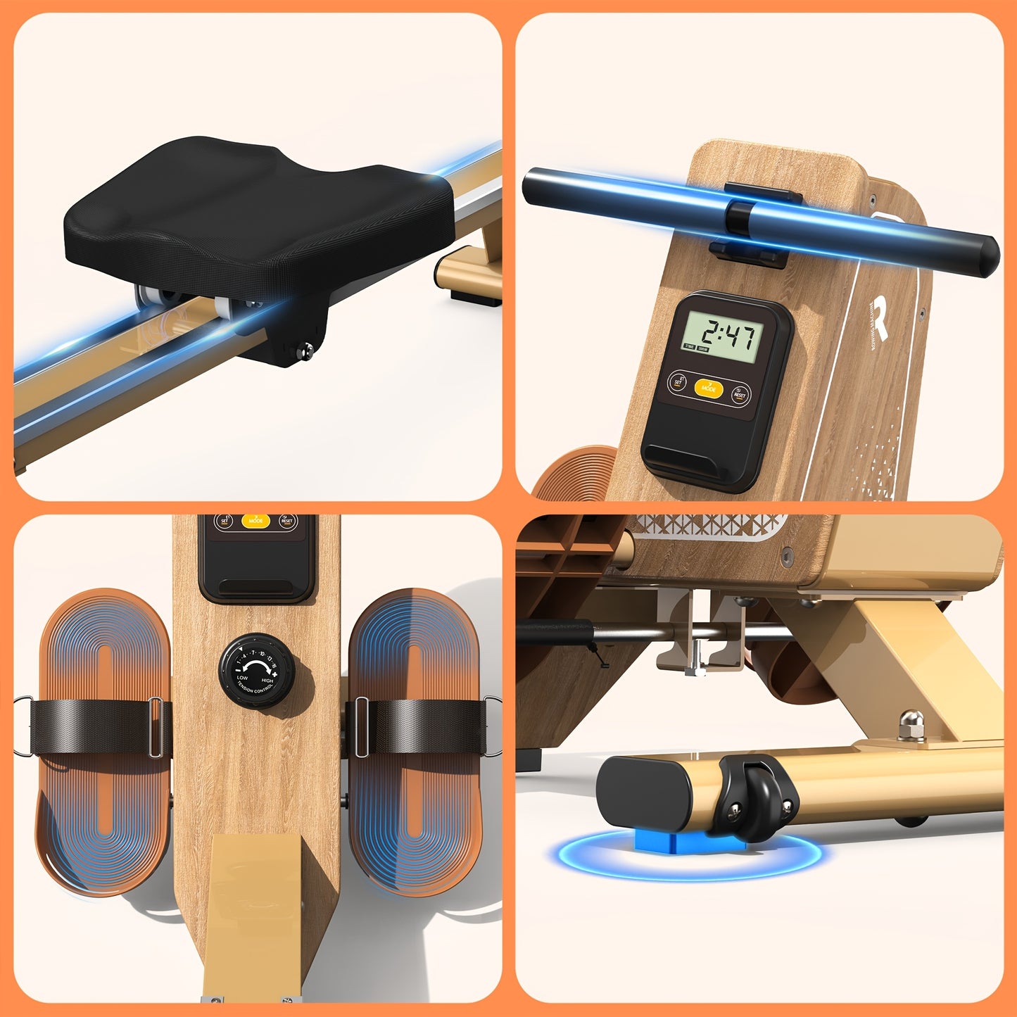 VOWVIT Rowing Machine for Home, Magnetic Rowing Machine with Wireless Monitor, 16 Resistance Levels, Compact Rowing Machine with 150kg Weight Capacity, Vertical Storage