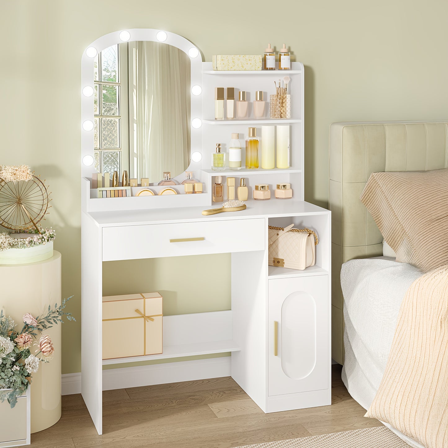 Kaptafel – Make-uptafel – Schminktafel – Visagiekast – Toiletmeubel – Wit – Ovale Spiegel – Veel Opbergruimte – Stevig MDF