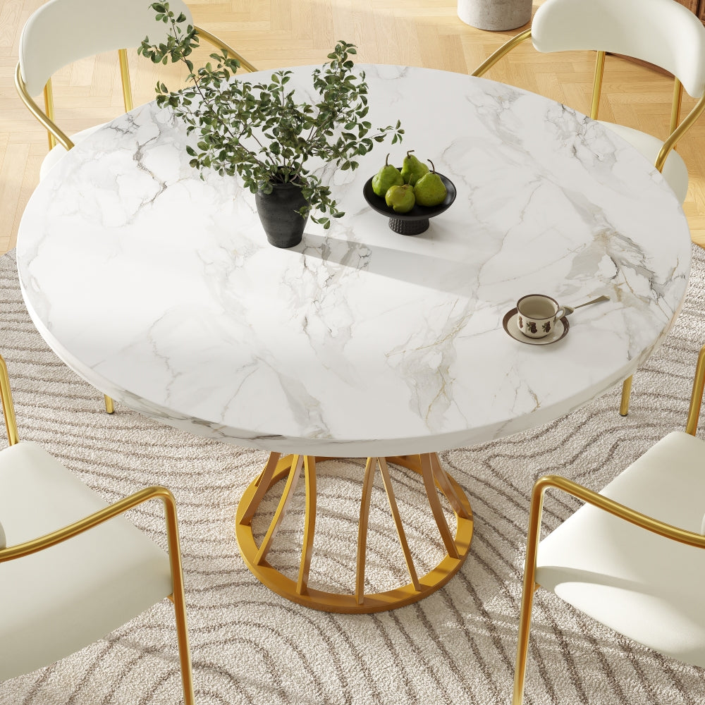 Eettafel – Ronde Tafel – Eetkamertafel – Keukentafel – Tafeltje – Marmerlook Blad – Gouden Glanzende Poot – 80x80x76 cm – Geschikt voor 4-6 Personen