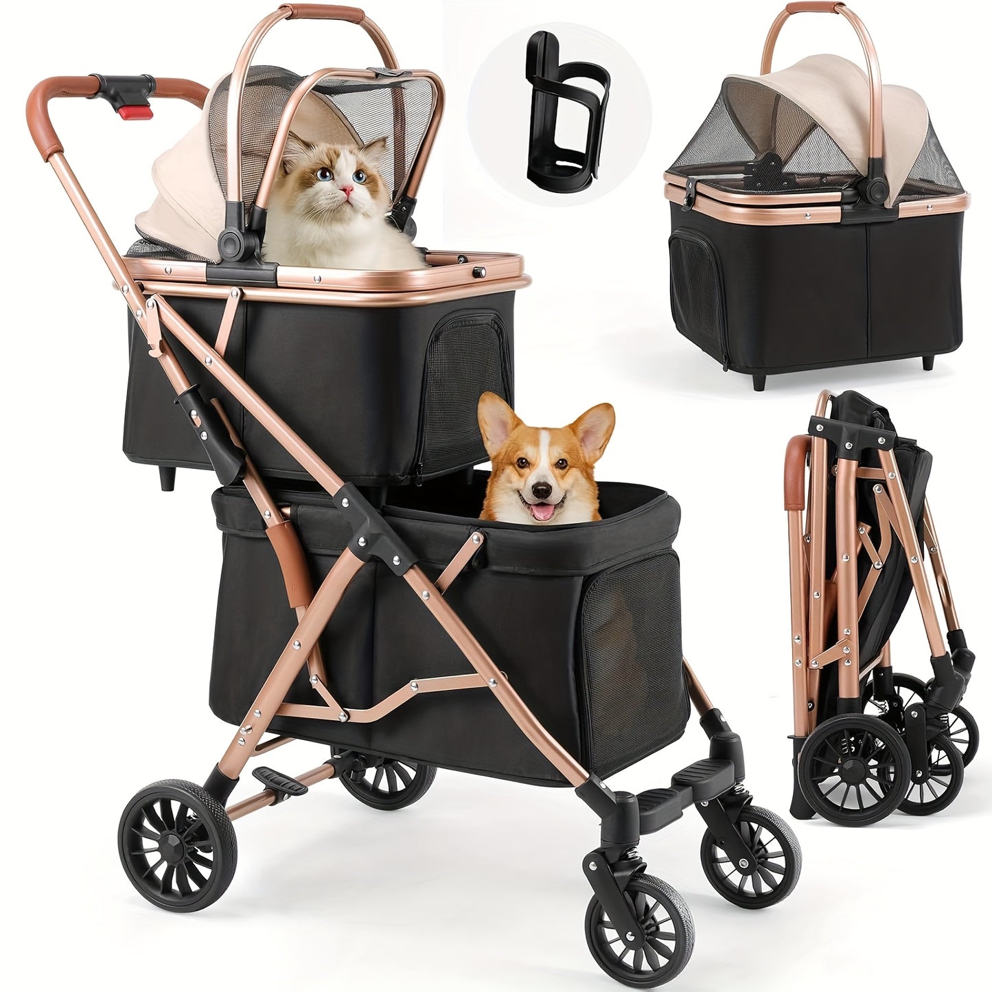 Hondenbuggy – Dierenwagen – Wandelwagen – Hondenkar – Hondenwagen – Dubbeldekker 2-laags – Opvouwbaar – Max 15 kg – Mesh Ventilatie – Bekerhouder
