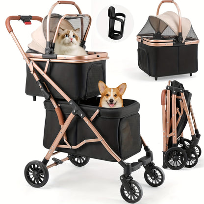 Hondenbuggy – Dierenwagen – Wandelwagen – Hondenkar – Hondenwagen – Dubbeldekker 2-laags – Opvouwbaar – Max 15 kg – Mesh Ventilatie – Bekerhouder