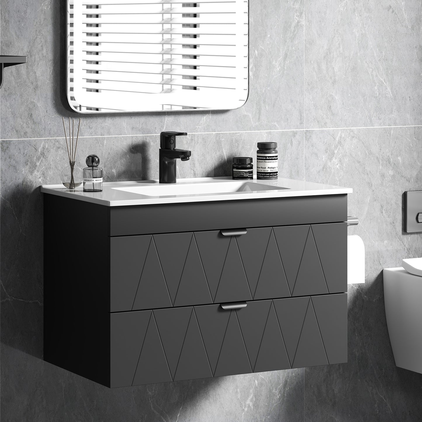 Badkamerkast Wandmeubel – Wastafelmeubel – Badkamermeubel – Opbergkast – Met Keramische Waskom – Zwart Mat – Soft-Close Lades – Ruimtebesparend Design – 76x46x50 cm