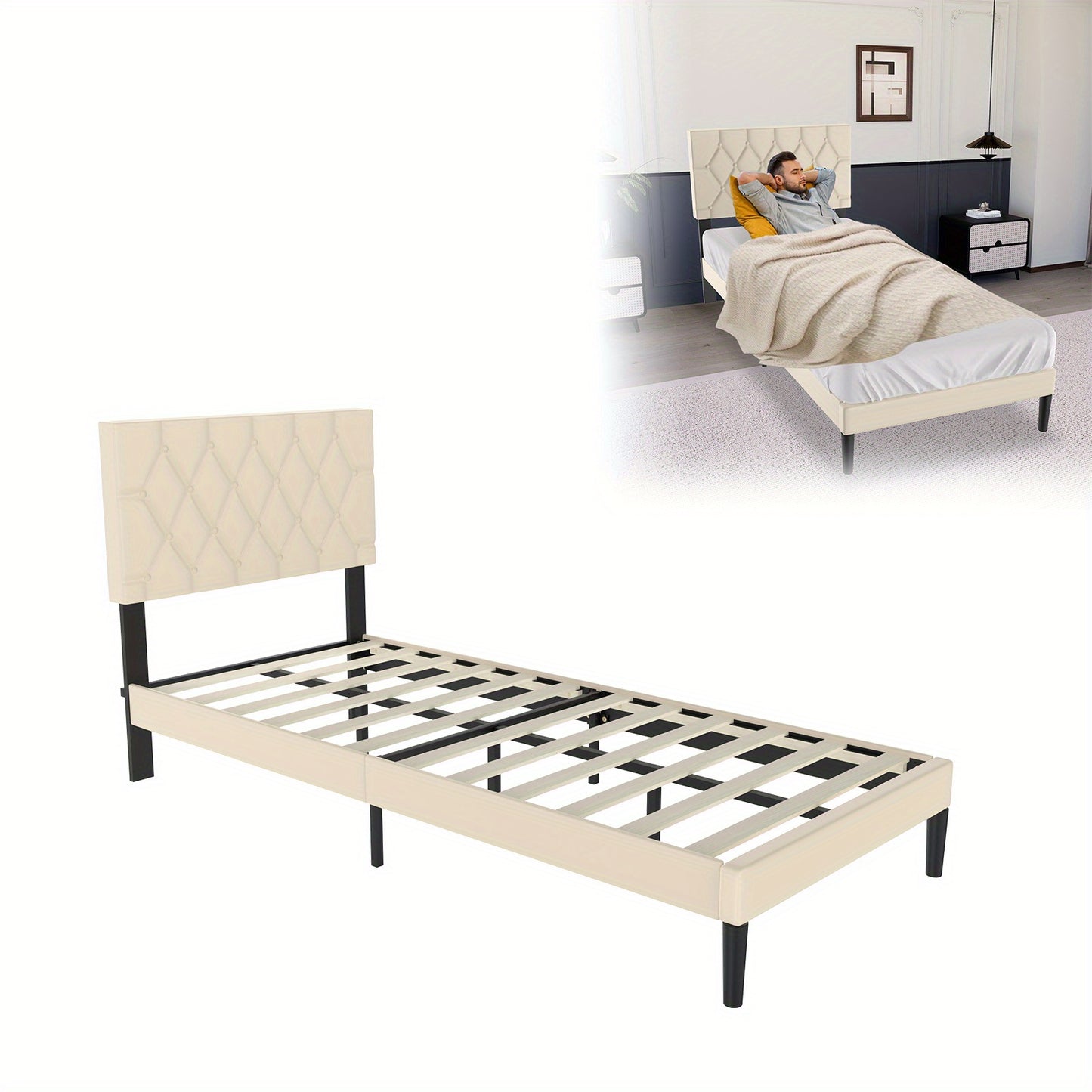 Bedframe – Gestoffeerd Bed – Tweepersoonsbed – Platformbed – Lattenbodem – 90x200 cm – Imitatieleer Beige – Stevig Met 12 Latten