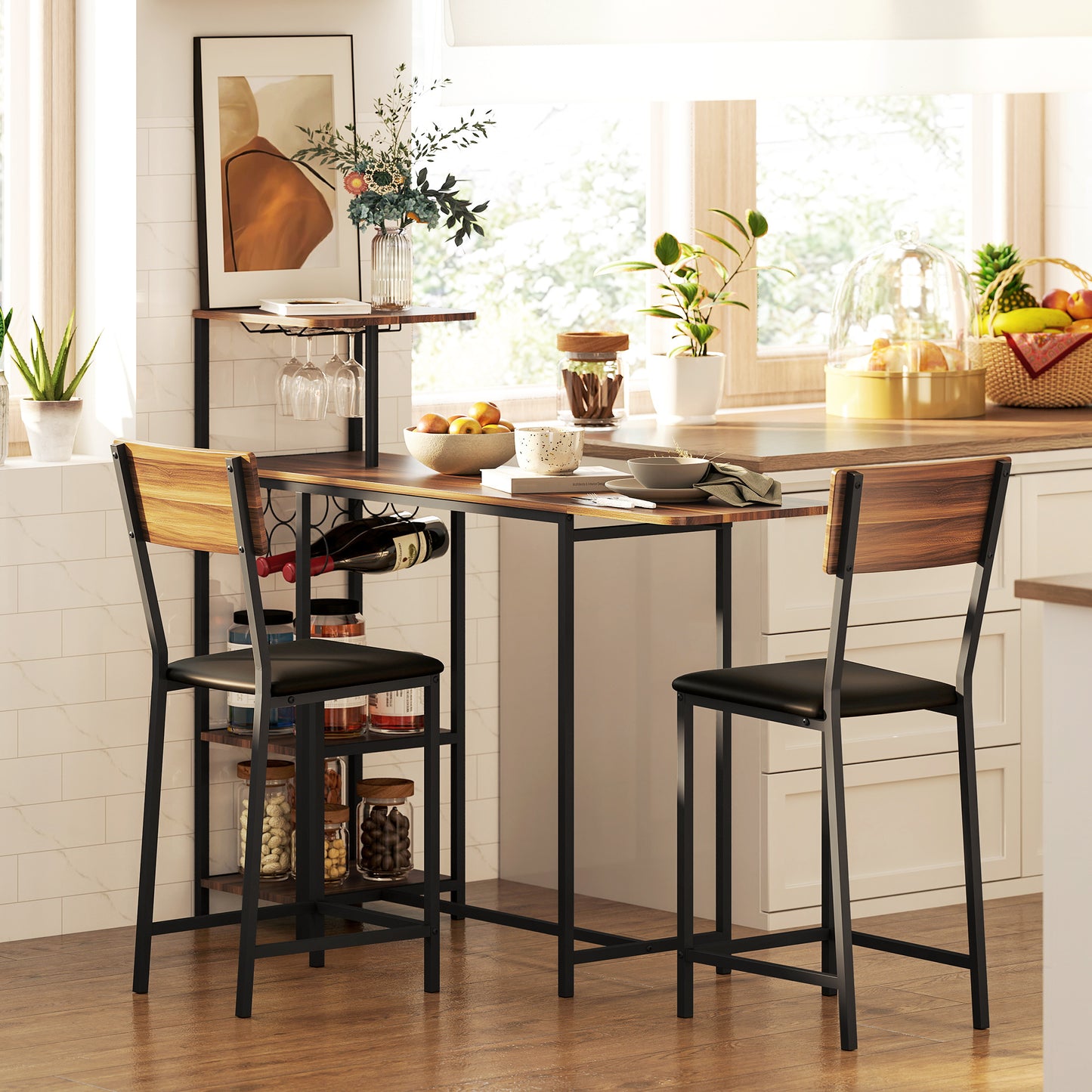 3-Delige Barset – Bar Tafel – Bistro Set – Terrasmeubilair – Huisbar – Bruin – Met Wijnrek en Glashouder – Comfortabele Stoelen met Voetsteunen