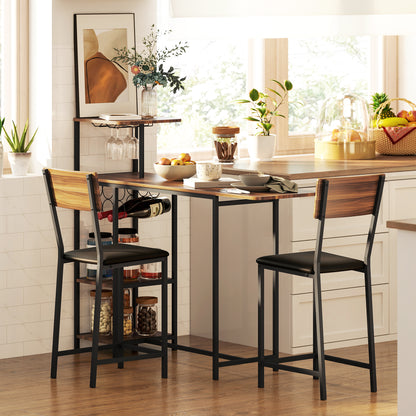 3-Delige Barset – Bar Tafel – Bistro Set – Terrasmeubilair – Huisbar – Bruin – Met Wijnrek en Glashouder – Comfortabele Stoelen met Voetsteunen