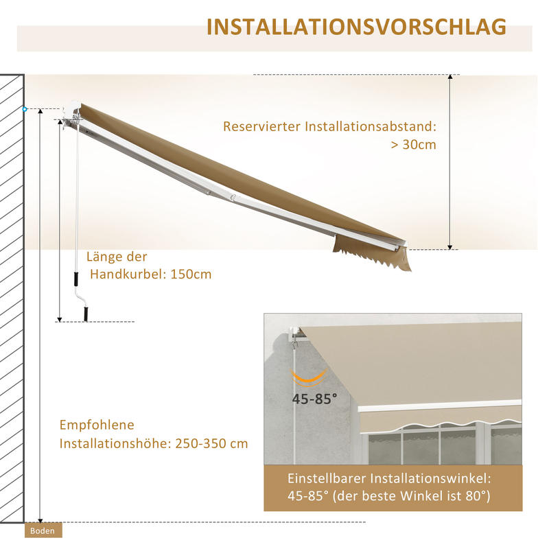 Uitschuifbare Zonwering – Terrasoverkapping – Buitenluifel – Zonnescherm – Balkonzonwering – Met Handcrank – Stevig Metaalframe – Polyester Doek – 3,95 x 2,45 m – Weerbestendig & Compact Designs