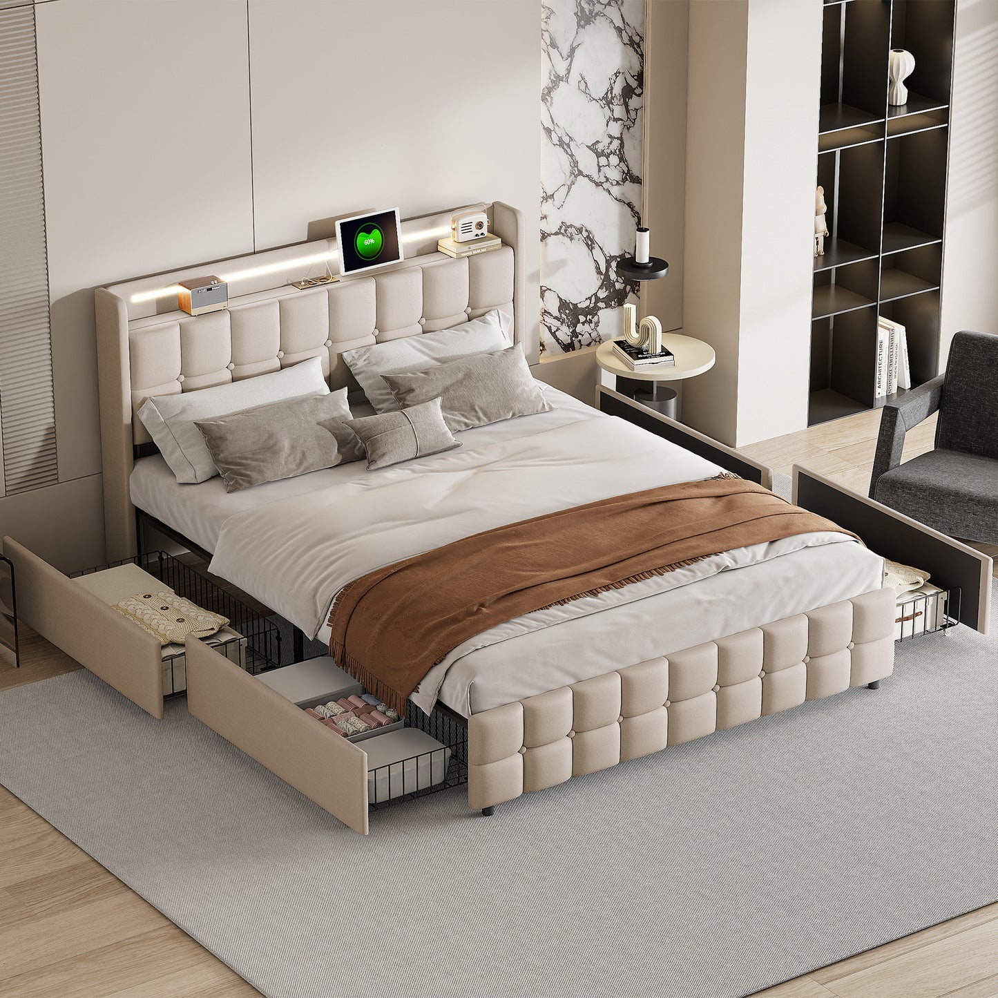 Bedkast 160x200 – Gestoffeerd Bed – Tweepersoonsbed – Opbergbed – Boxspringbed – Linnen Bekleding – 4 Ruime Lades – Lattenbodem