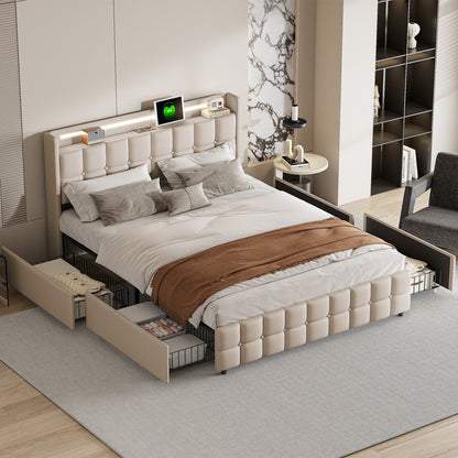 Bedkast 160x200 – Gestoffeerd Bed – Tweepersoonsbed – Opbergbed – Boxspringbed – Linnen Bekleding – 4 Ruime Lades – Lattenbodem