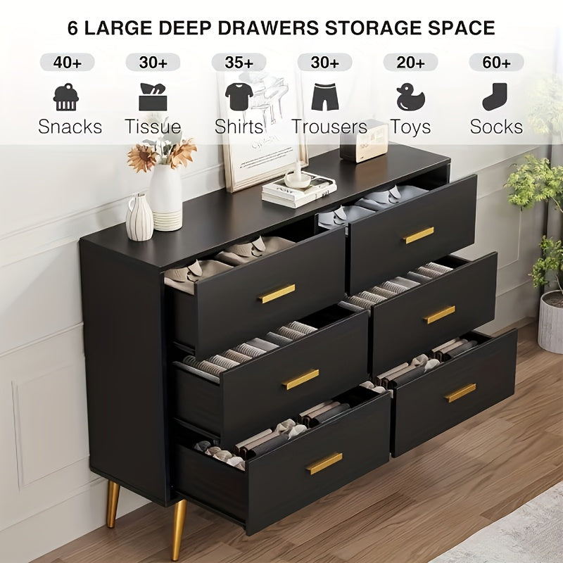 Ladekast – Dressoir – Ladenkast – Opbergkast – Kledingkast – Zwart met Gouden Handgrepen – 6 Ruime Lades – Compact MDF en Hout