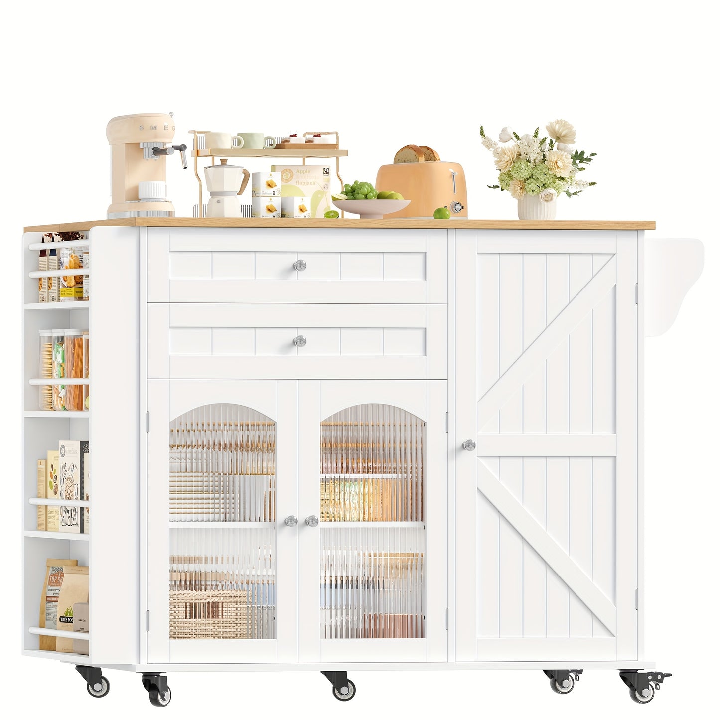 Keukentrolley – Keukenwagen – Serveerwagen – Opbergtrolley – Keukenrek – Grote Opbergruimte – 110x60 cm Werkblad – Vergrendelbare 360° Wielen – Wit Hout