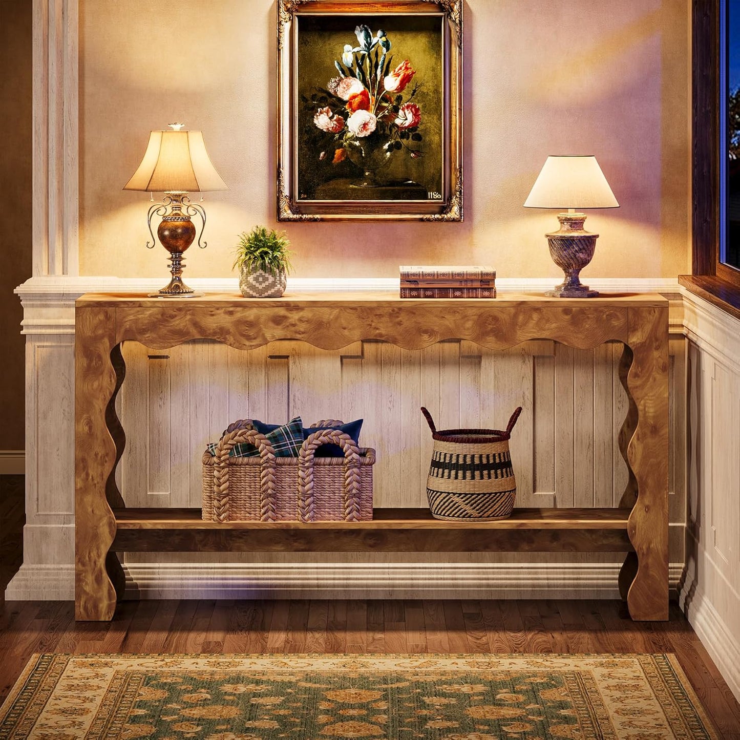 Console Tafel – Sidetable – Haltafel – Opbergmeubel – Banktafel – Lichtbruin – Smal en Lang – 2-laags Opbergruimte