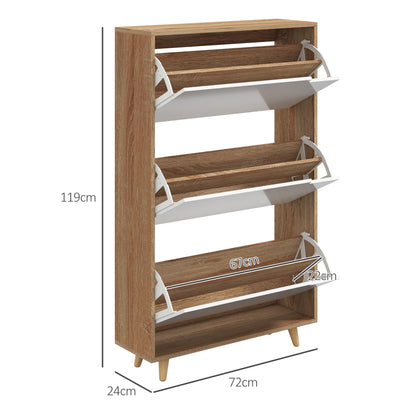 Schoenenkast – Schoenenrek – Schoenenopberger – Schoenenbank – Hal Organizer – 3 Draaideuren – Verstelbare Planken – Wit & Houtlook – 72x24x119 cm – Anti-Kantel Veiligheid