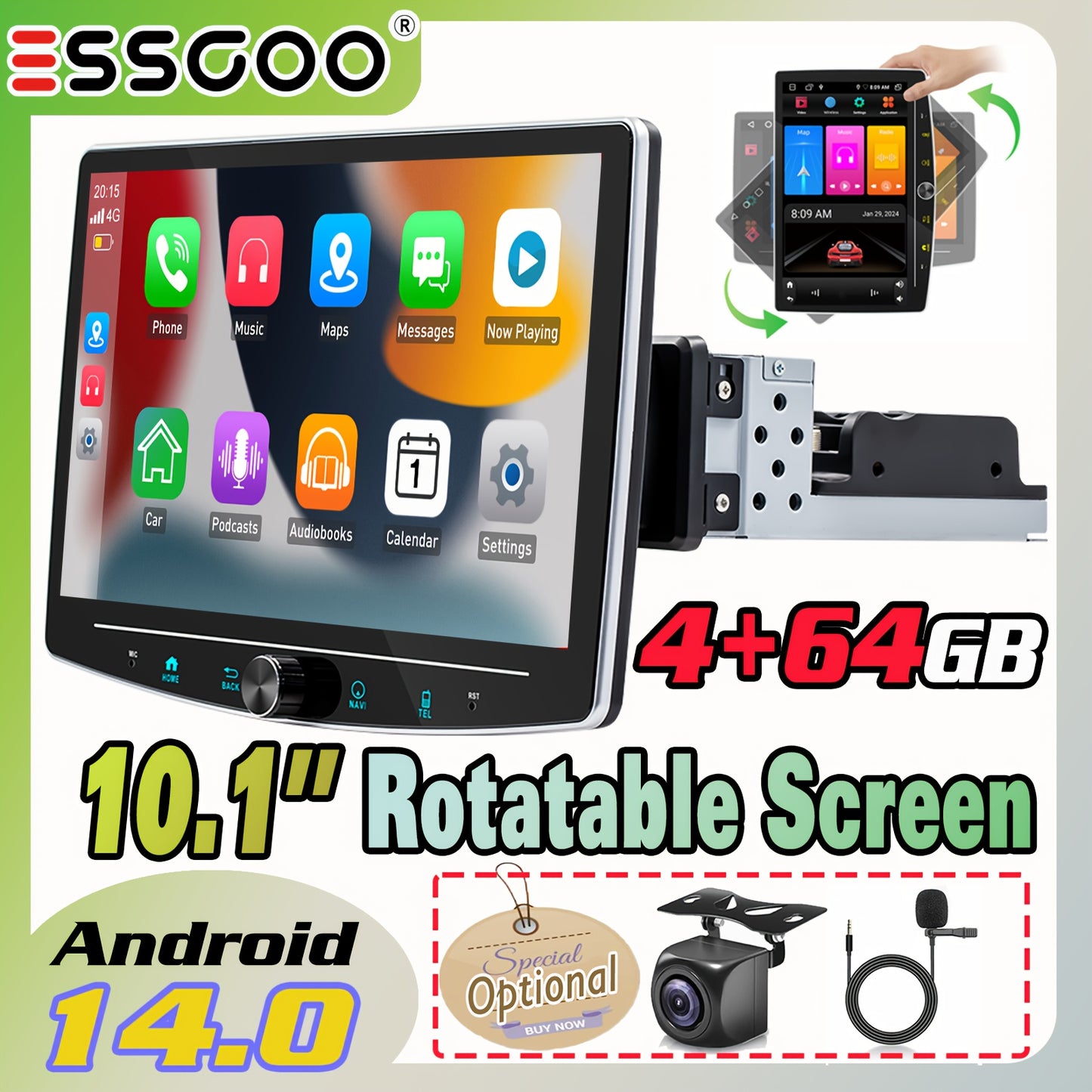 ESSGOO Upgraded Rotatable 25.65cm Android 14.0 Car Stereo Radio, 4GB+64GB Auto Radio Single 1 DIN Universal 25.65 cm Car Radio, Wireless CarPlayer & Android Auto, GPS/WiFi/FM RDS/USB/SWC, HD IPS Touchscreen, Mirror Link, Spli