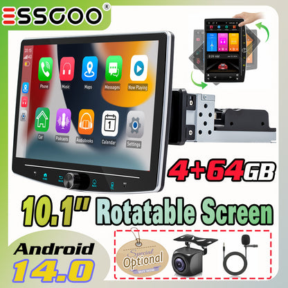 ESSGOO Upgraded Rotatable 25.65cm Android 14.0 Car Stereo Radio, 4GB+64GB Auto Radio Single 1 DIN Universal 25.65 cm Car Radio, Wireless CarPlayer & Android Auto, GPS/WiFi/FM RDS/USB/SWC, HD IPS Touchscreen, Mirror Link, Spli