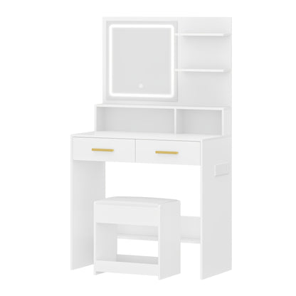 Kaptafel – Make-up Tafel – Dressing Table – Cosmeticatafel – Witte Kaptafel Met Zitkruk – 2 Lades & Open Planken – Ingebouwd Oplaadstation & Instelbare LED-Verlichting – 80x40x140 cm