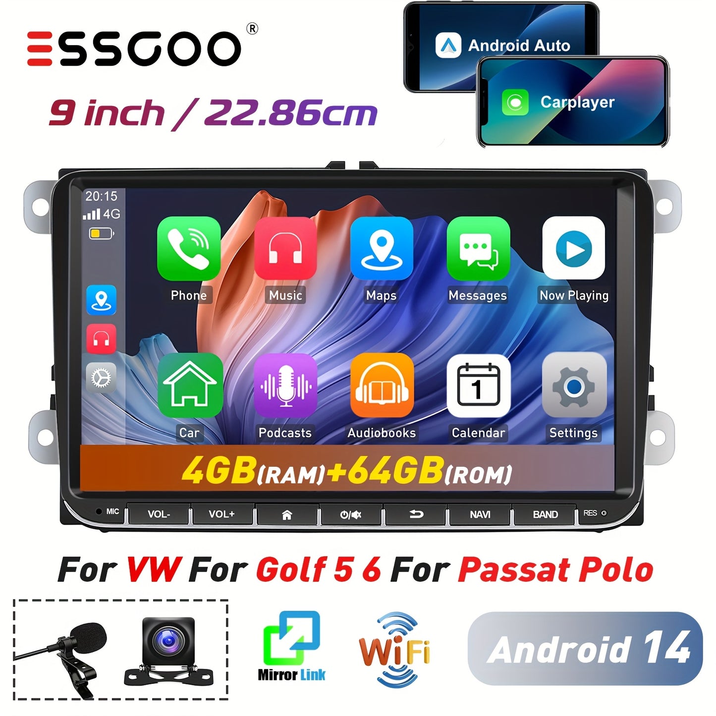 Multifunctionele Autoradio – Navigatiesysteem – Carplay Multimedia – Android Auto – Auto Headunit – 9 Inch IPS Scherm – Android 14 Met Camera & Microfoon