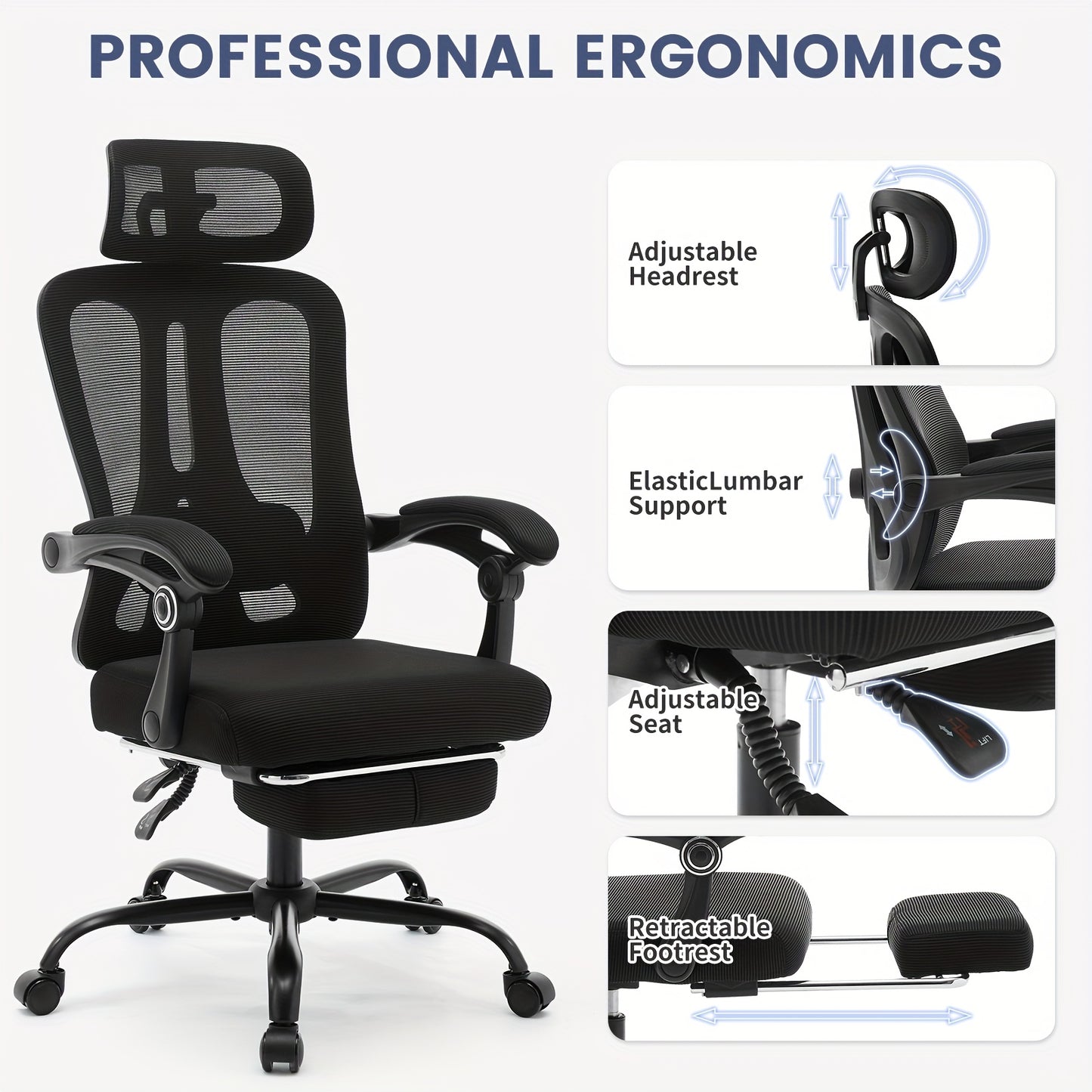 Ergonomische Bureaustoel – Kantoorstoel – Gamestoel – Bureaustoel Mesh – Draaistoel – Verstelbare Lendensteun & Hoogte – Ademende Mesh Rugleuning – Stevig Metalen Frame