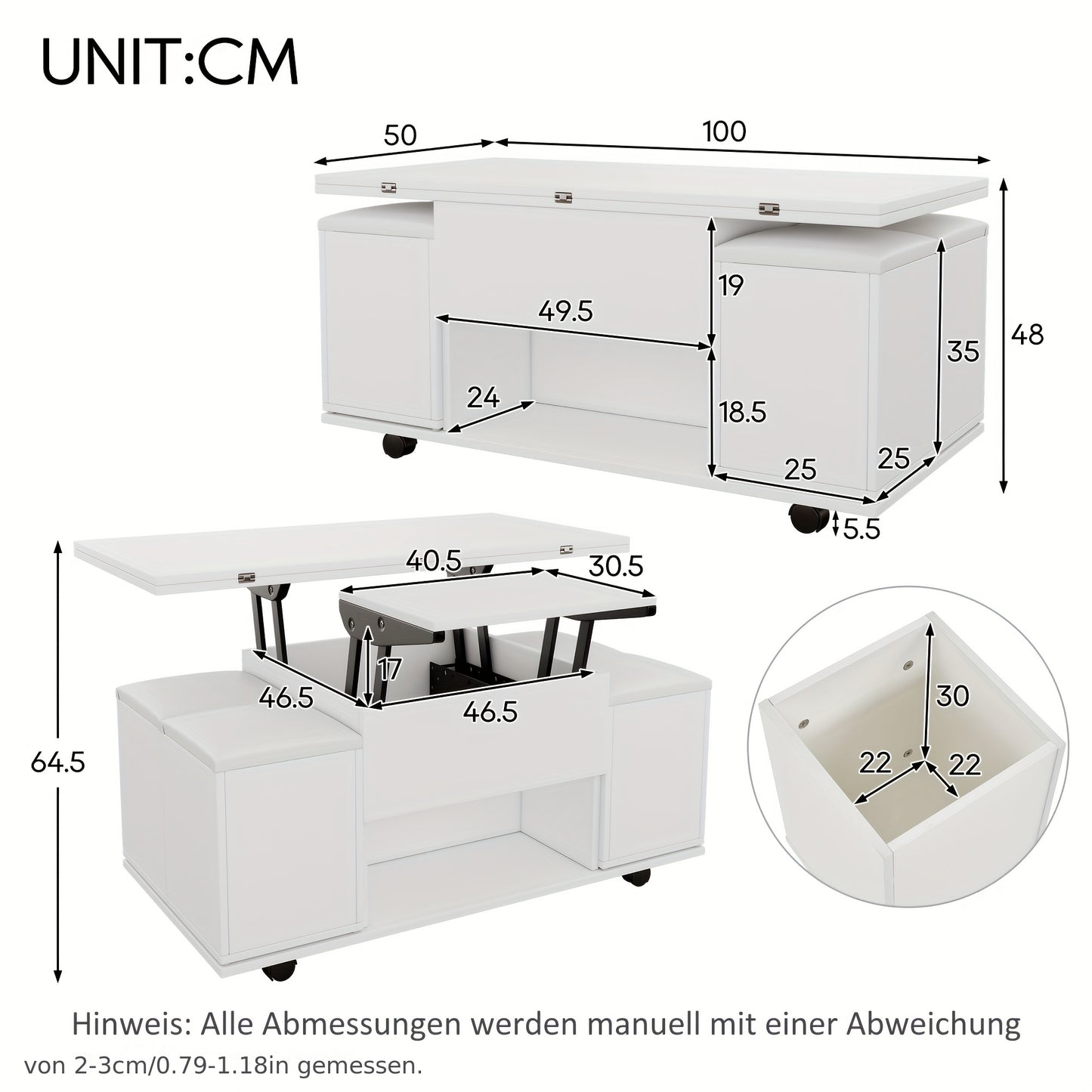 Moderne Hoekige Salontafel – Salontafel Set – Opberghocker – Verstelbare Salontafel – Woonkamertafel – Bamboe – Verstelbare Hoogte – 4 Opberghockers