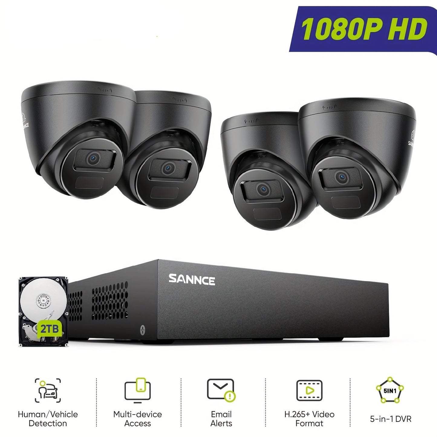 Beveiligingscamera Set – Surveillance Camera – Toezicht Cameras – CCTV Camera – Bewakingscamera – 4x 1080p Full HD Camera’s – Intelligente Detectie Personen & Voertuigen – 2TB Harde Schijf