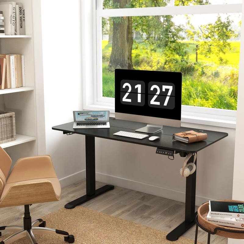 Hoog-laag bureau – Verstelbaar bureau – Zit-sta bureau – Computerbureau – Werkplek bureau – Handmatig verstelbaar – Houten blad 140x70 cm – Strak zwart design