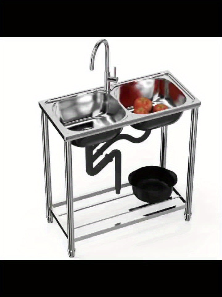 Buitenkeuken Spoelbak – Tuinbak – Mobiele Wasbak – RVS Wastafel – Dubbele Kom – Roestvrij Staal – Vrijstaand – Warm en Koud Water