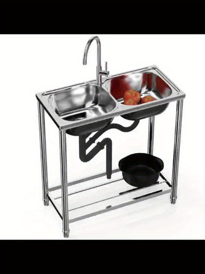 Buitenkeuken Spoelbak – Tuinbak – Mobiele Wasbak – RVS Wastafel – Dubbele Kom – Roestvrij Staal – Vrijstaand – Warm en Koud Water