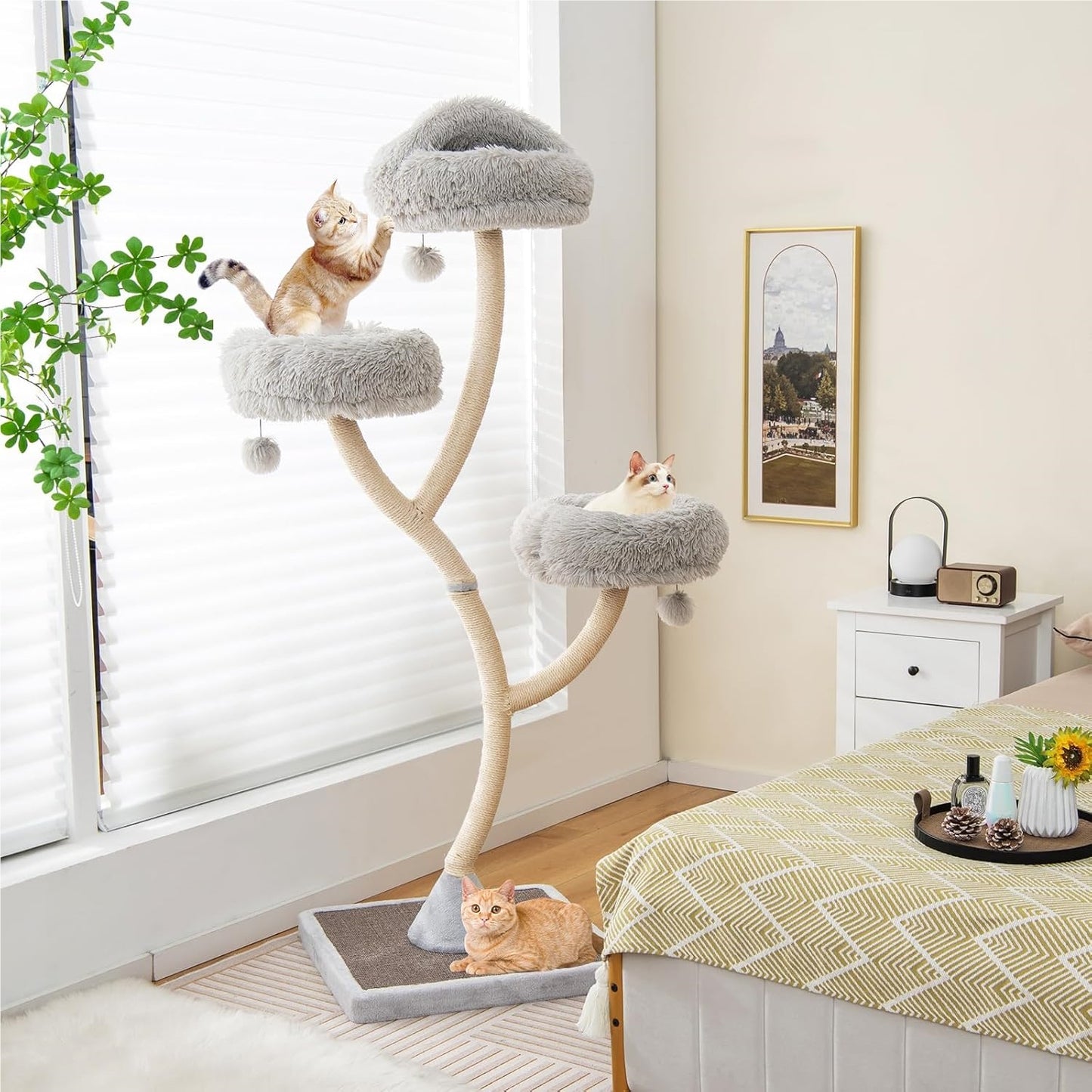 Kattenboom – Krabpaal – Kattenhuis – Kattenmeubel – Kattentoren – Metalen Frame – 4 Zachte Ligplaatsen – Sisal Krabpalen – 178 cm Hoog – Stabiele Basis – Grijs