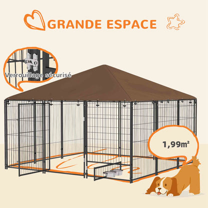 Buitenkennel Honden – Hondenren – Hondenhok – Hondenkooi – Buitenverblijf – Robuust Roestvrij Staal – Waterdicht Oxford Dak – Café Kleur – 211x211x151 cm – Veilig en Ruim