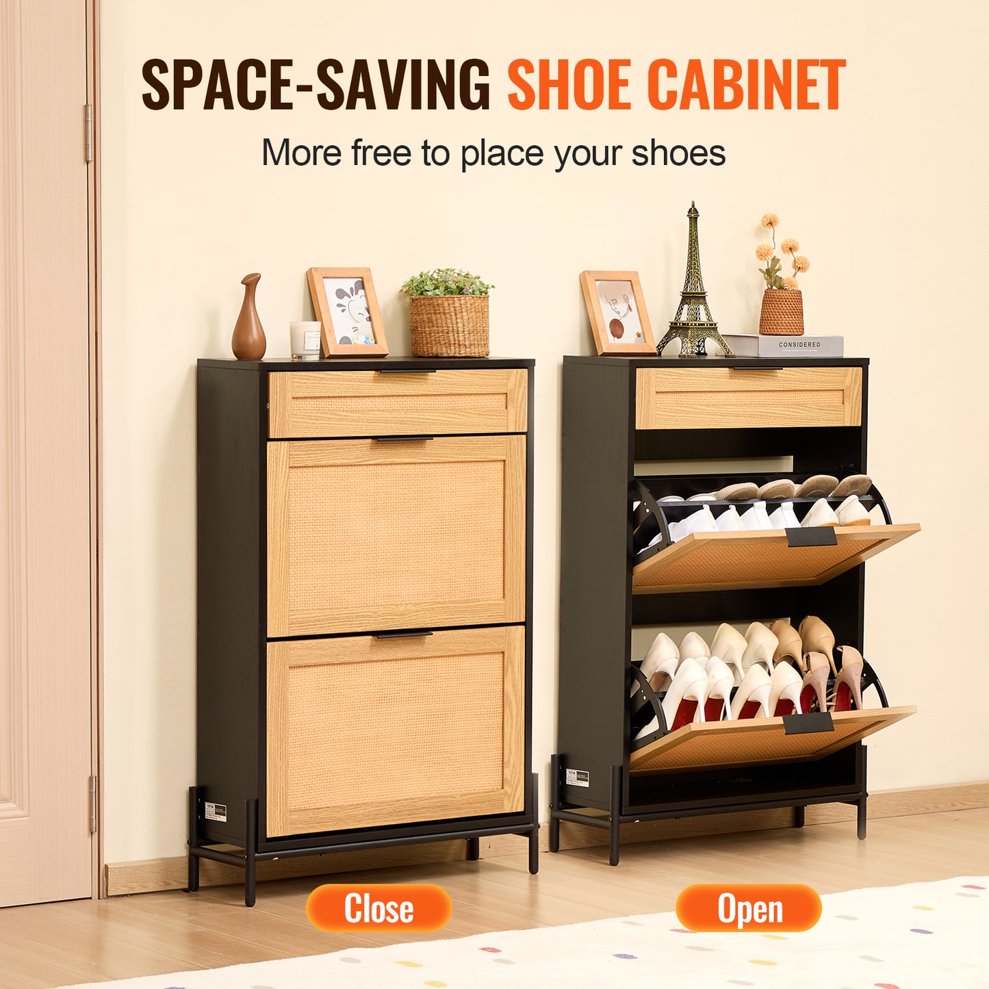 Schoenenkast – Schoenenrek – Schoenenopberger – Schoenentoren – Schoenenkastje – Zwart Rotan – 2 Klaplades & 1 Schuiflade – Compact & Ruimtebesparend
