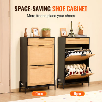 Schoenenkast – Schoenenrek – Schoenenopberger – Schoenentoren – Schoenenkastje – Zwart Rotan – 2 Klaplades & 1 Schuiflade – Compact & Ruimtebesparend