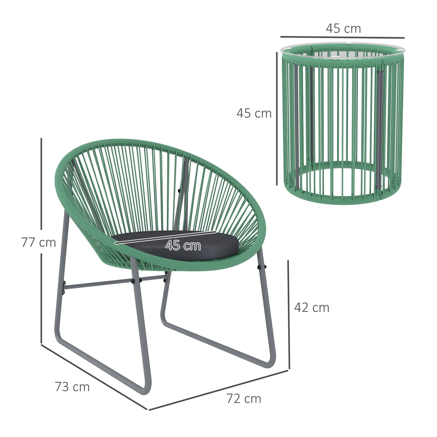 Tuinset – Bistroset – Loungeset – Tuinmeubelset – Balkonset – 3-delig – Ronde glazen tafel – Weerbestendig kunststof rattan met stalen frame – Inclusief zachte groene kussens