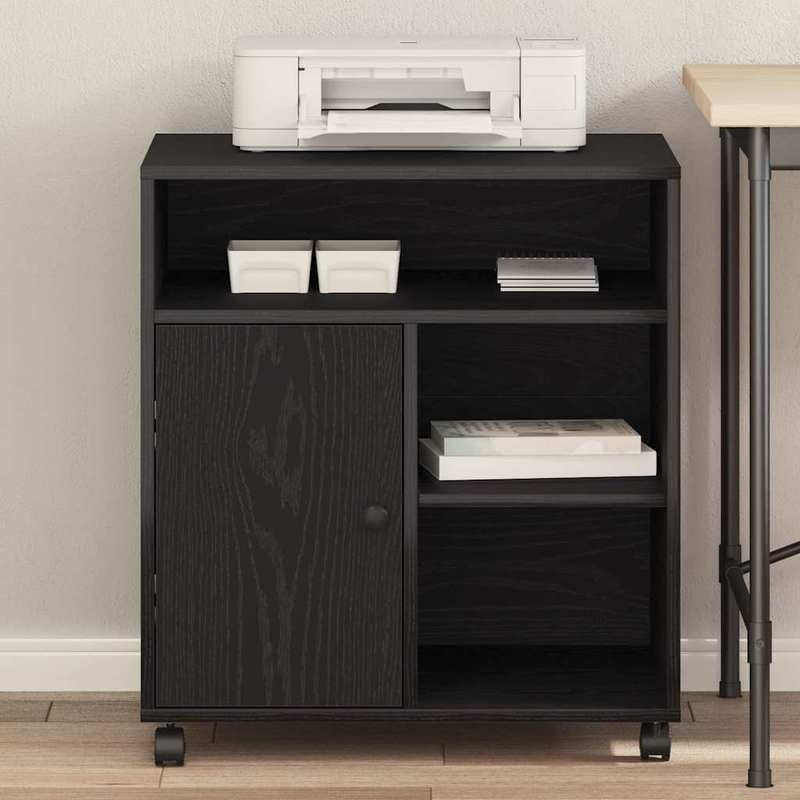 Large Black Oak ( Wood) Printer Stand with 4-Wheel-like Legs, Heavy-Duty Desktop Printing Cabinet, Space-Saving Organizer with Shelves & White-Tipped Feet, Easy Assembly, 60x50x67cm for /Office Printer, Scanner,