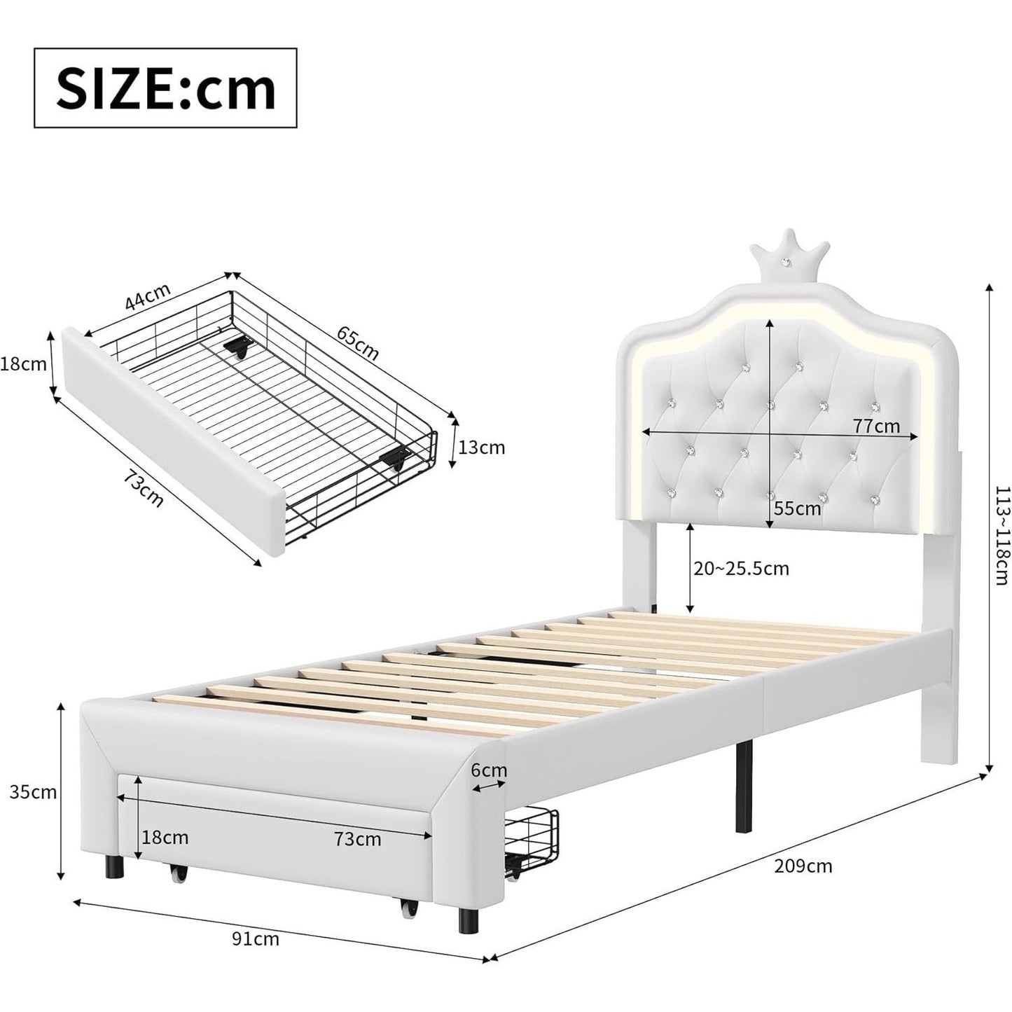 Eenpersoonsbed – Bed – Eenpersoonsbedframe – Slaapbed – Led-bed – Wit – 90x200 cm – Verstelbare LED-verlichting – Opberglades met lattenbodem