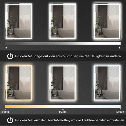 LED Badkamerspiegel – Spiegel, Wandspiegel, Make-up Spiegel, Badkamermeubel Spiegel – Variant Wit – Touchschakelaar – Anti-Dampfunctie – 60 x 80 x 4 cm