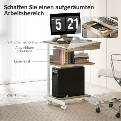 Rollend Bureau – Mobiel Bureau – Compact Bureau – Werkplek met Lade – Opbergrekken – Variant Eiken – Stevig Spaanplaat en Metaal – 4 Draaibare Wieltjes met Rem