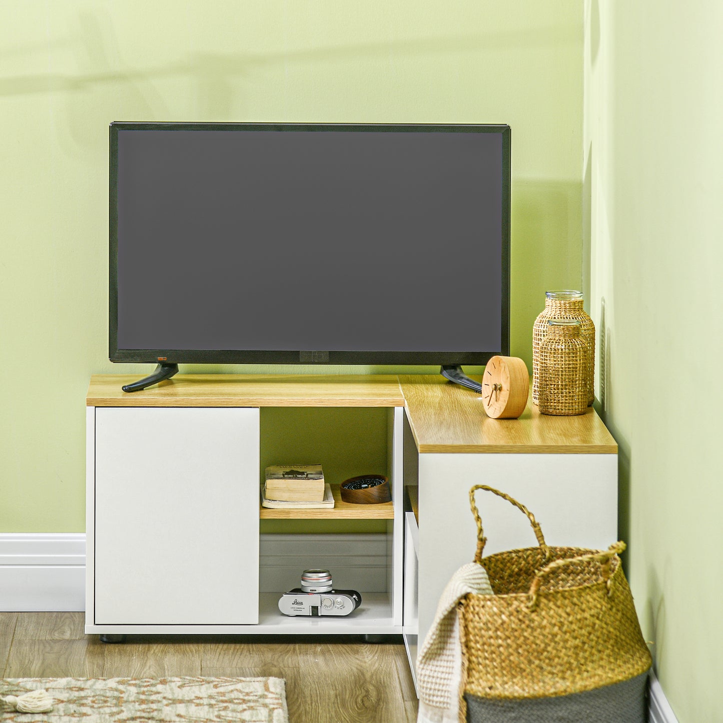 Hoek TV Meubel – Tv-standaard – Tv Cabinet – Tv Bankje – Media Meubel – Licht Hout en Wit – Geschikt Voor Tv’s Tot 40 Inch – Met Opbergruimte