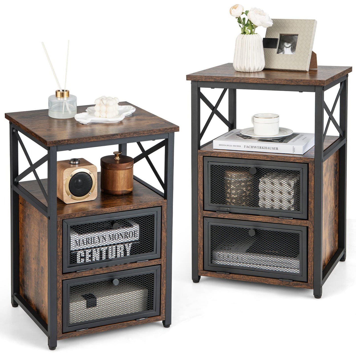Nachtkastje – Bijzettafel – Sidetable – Bedtafel – Opbergmeubel – Industrieel Design – 2 Lade Flip – 3-Lagen Houten Bovenblad – Metaal Frame – 2 Stuks Set Rustiek Bruin