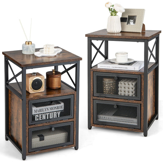 Nachtkastje – Bijzettafel – Sidetable – Bedtafel – Opbergmeubel – Industrieel Design – 2 Lade Flip – 3-Lagen Houten Bovenblad – Metaal Frame – 2 Stuks Set Rustiek Bruin