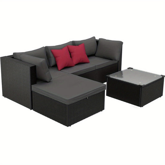 Loungebank – Loungeset – Tuinbank – Balkonbank – Tuinmeubelset – 3-zits Sofa – PVC Rattan – Met Glazen Tafelblad