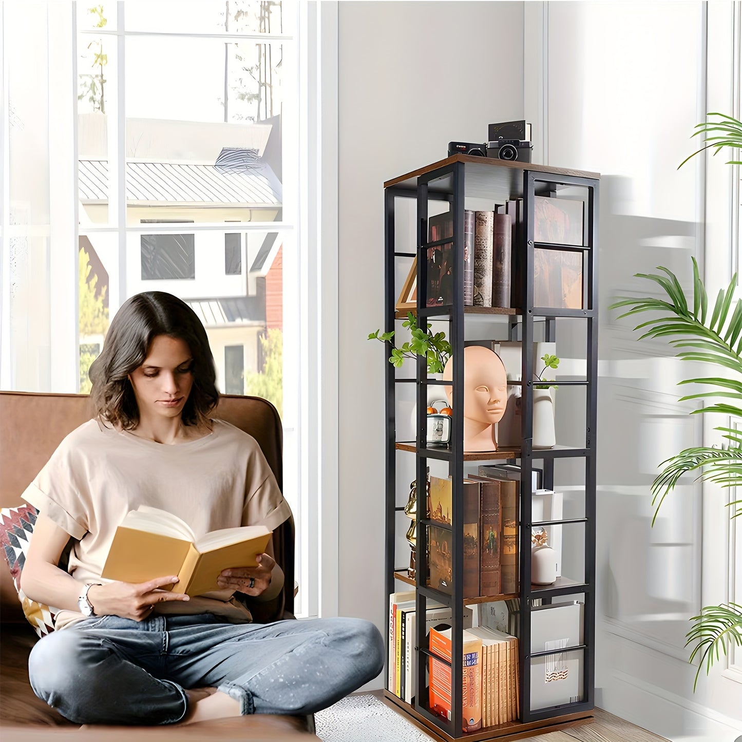Draaibare Boekenkast – Boekenrek – Vakkenkast – Opbergkast – Plank – Zwart + Bruin – 5 Laags Met 360° Draaifunctie – Stevig MDF En Metaal – Compact En Vrijstaand Ontwerp