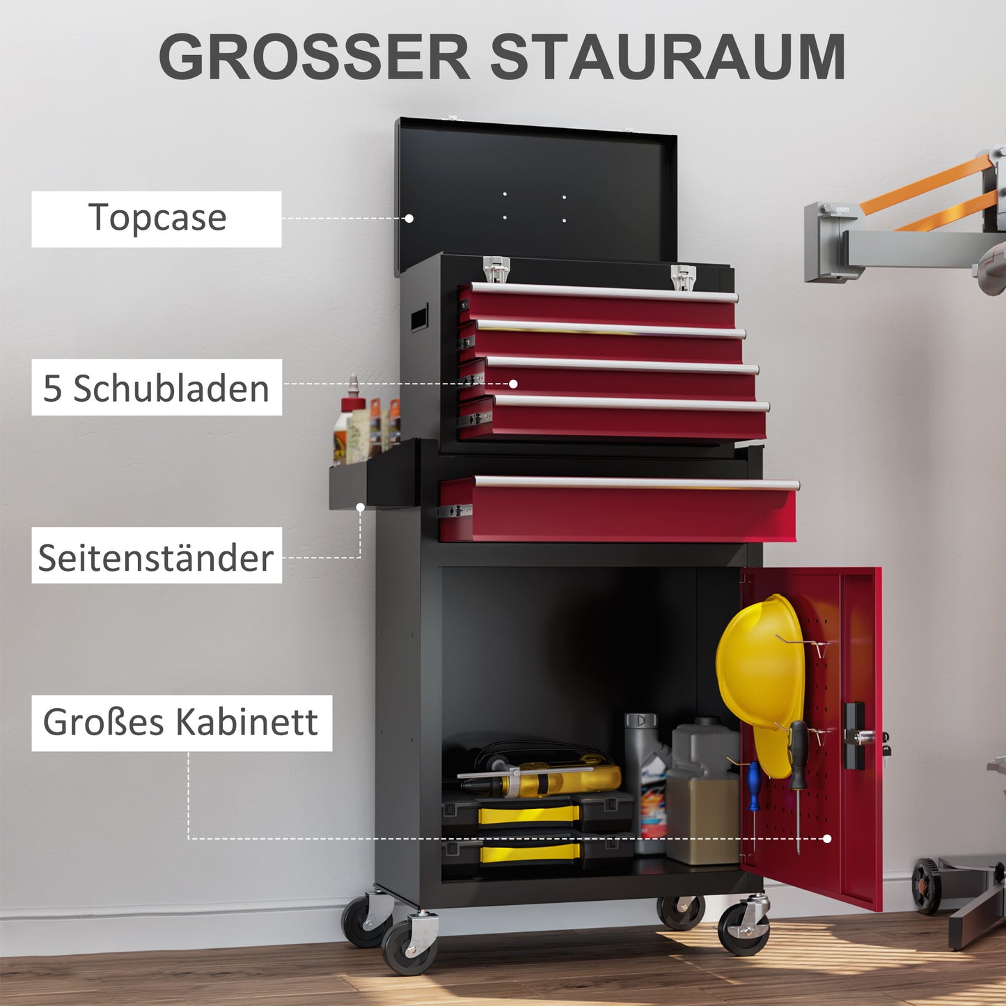 Gereedschapswagen – Werkplaatswagen – Gereedschapstrolley – Gereedschapskar – Werkbankwagen – 5 Lades Met Kogellagers – Slotbaar Met Wielen En Rem – Stalen Zwart/Rood – Draagvermogen 130 Kg