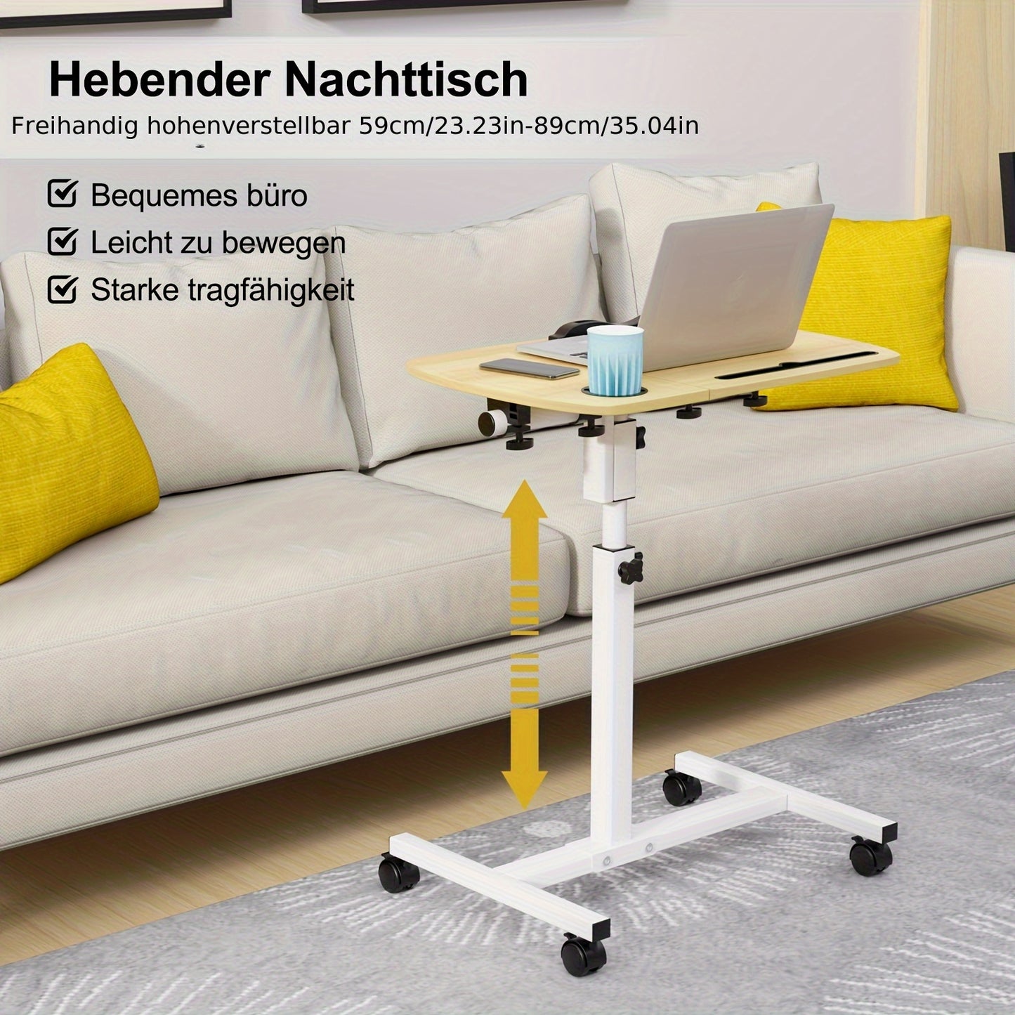 Mobile Side Table for Living Room & Home Office | Wooden Top, Lockable Wheels & Tiltable Ergonomic Design | Manual Height Adjustable 60-90cm, Scratch-Resistant Surface
