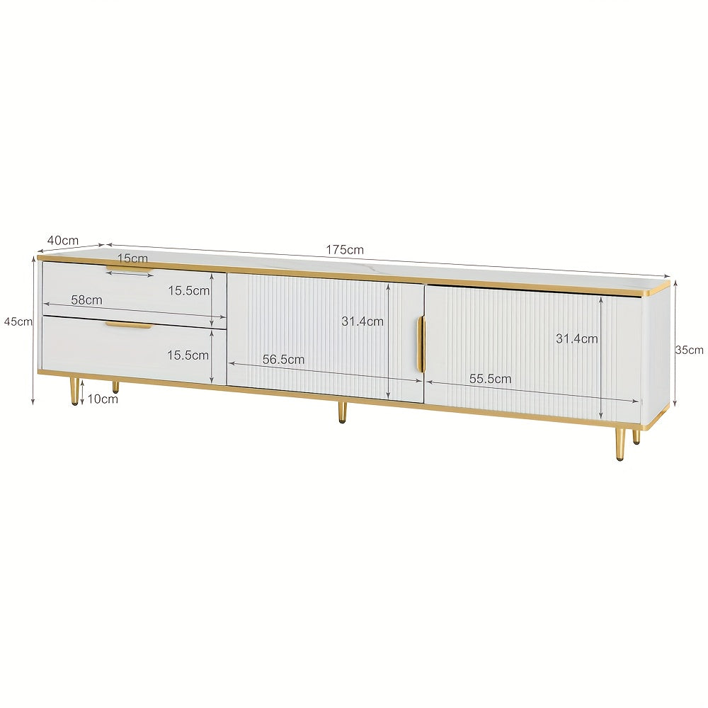 Modern White & Golden TV Stand Entertainment Center with Marble Texture & Carved Textured Undercroft Storage - Metal Construction, Golden Handles & Feet, Freestanding Media Console for Living Room, 68.58cm+ Height, 3.2+ Cubic